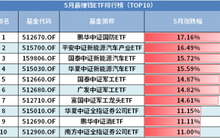 5月最赚钱ETF排行榜TOP10出 新能源板块又嗨了